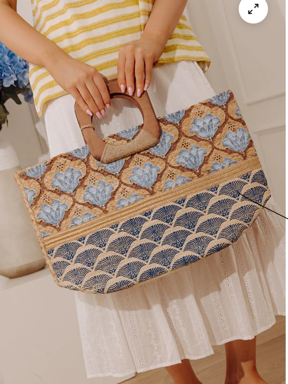 Antik Kraft Blue Floral & Navy Patterned Woven Tote with Wooden Handles